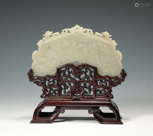 Qing - Hetian white jade eight immortals figure ink-stone sc...