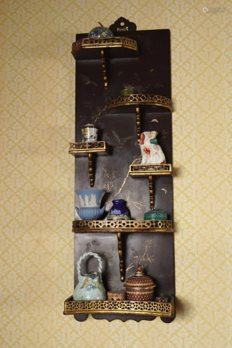 PR. CHINESE QING LACQUERED GILT FRETWORK SHELVES