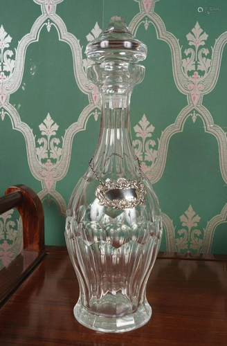 CRYSTAL DECANTER AND SILVER SPIRIT LABEL