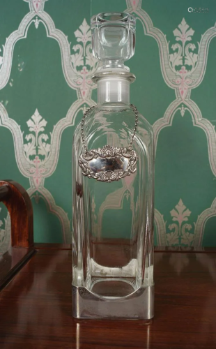 CRYSTAL DECANTER AND SILVER SPIRIT LABEL