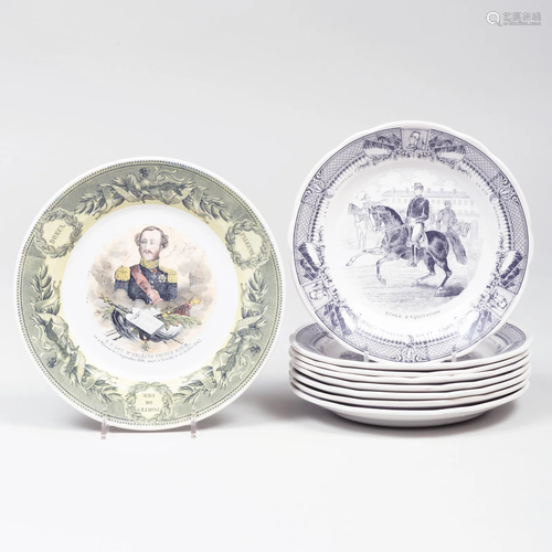 Set of Eight Sauguemines Creamware Plates with 'La Vie