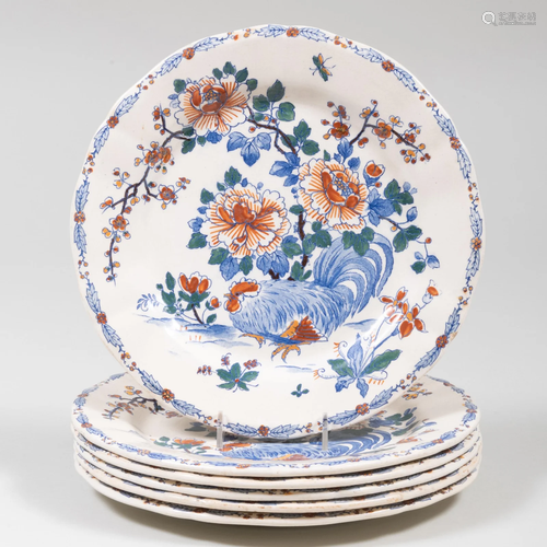 Set of Six French Faience Dinner Plates Decorated with