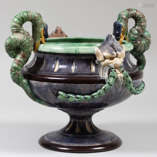 Continental Majolica Urn with Goose Head Handles