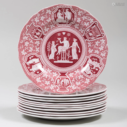 Set of Eleven Copeland Spode Red Transfer Printed Lunch