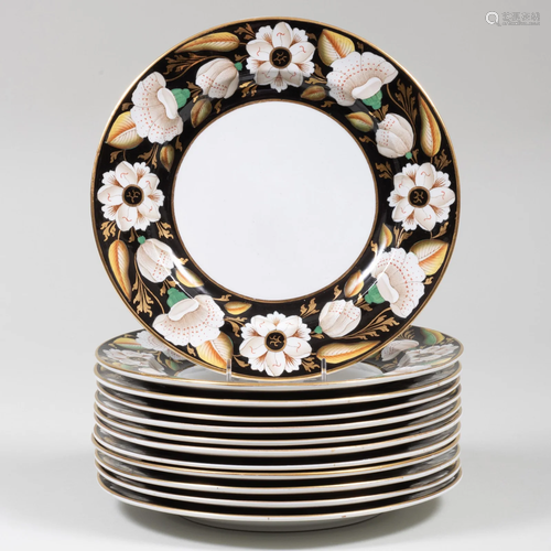 Set of Twelve Ashworth Ironstone Black Ground Dinner