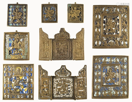 TWO TRIPTYCHS AND SEVEN BRASS ICONS SHOWING ST. GEORGE