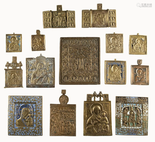 TWO TRIPTYCHS AND THIRTEEN BRASS ICONS SHOWING …