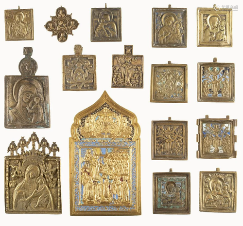 A COLLECTION OF SIXTEEN BRASS ICONS SHOWING THE IMAGES