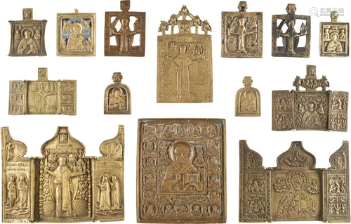 FOUR TRIPTYCHS AND TEN BRASS ICONS SHOWING THE IMAGES