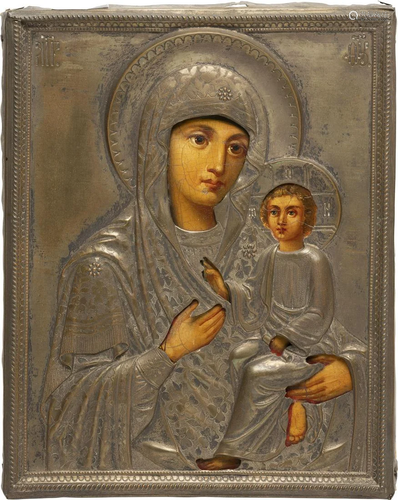 A SMALL ICON SHOWING THE MOTHER OF GOD OF TIKHVIN WITH