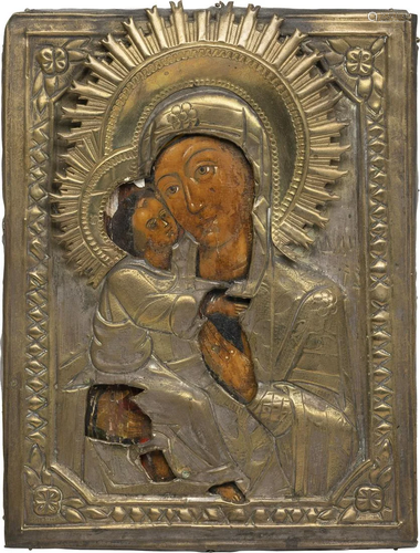 A SMALL ICON SHOWING THE VLADIMIRSKAYA MOTHER OF GOD