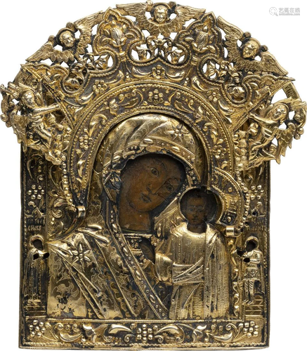 A SMALL ICON SHOWING THE KAZANSKAYA MOTHER OF GOD WITH