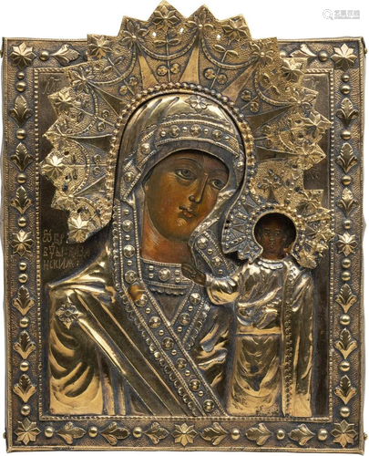 A SMALL ICON SHOWING THE KAZANSKAYA MOTHER OF GOD WITH