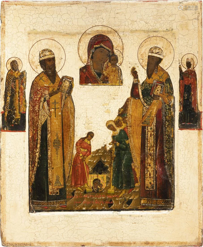 A RARE ICON SHOWING TWO SAINTS AND THE FINDING OF…