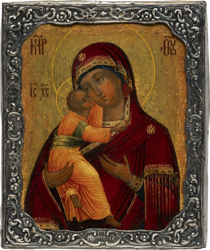 A SMALL ICON SHOWING THE VLADIMIRSKAYA MOTHER OF GOD