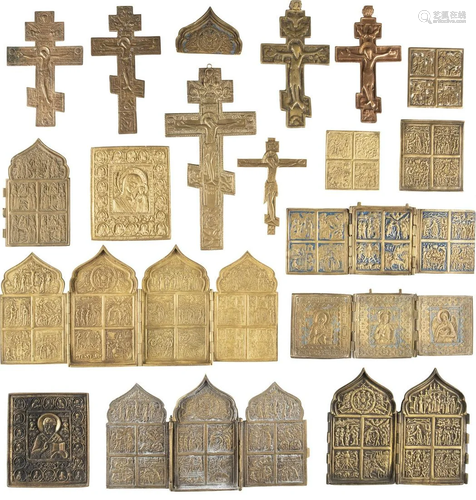 SIX CRUCIFIXES, A QUADRIPTYCH AND ELEVEN BRASS I…