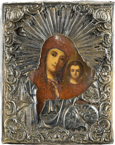 A SMALL ICON SHOWING THE KAZANSKAYA MOTHER OF GOD WITH