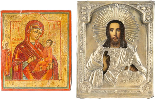 TWO ICONS SHOWING THE TIKHVINSKAYA MOTHER OF GOD AND