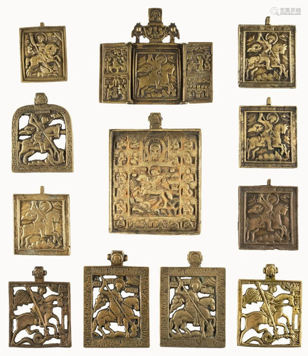 A TRIPTYCH AND ELEVEN BRASS ICONS SHOWING ST. GEORGE