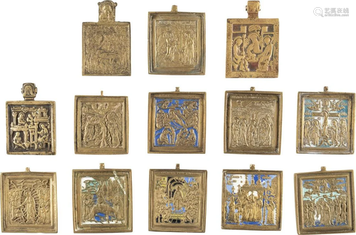 THIRTEEN BRASS ICONS SHOWING THE MAIN FEASTS OF THE