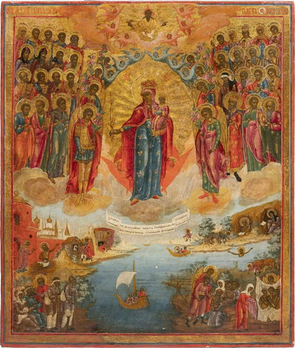 A LARGE DATED ICON SHOWING THE MOTHER OF GOD 'J…