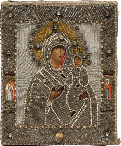 A SMALL ICON SHOWING THE SMOLENSKAYA MOTHER OF GOD W…