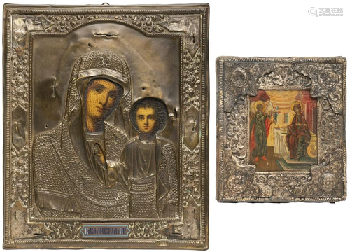 A SMALL ICON SHOWING THE ANNUNCIATION OF THE MOTHER OF