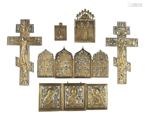 A TRIPTYCH, A QUADRIPTYCH, TWO CRUCIFIXES AND TWO BRASS