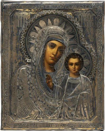 A SMALL ICON SHOWING THE KAZANSKAYA MOTHER OF GOD WITH