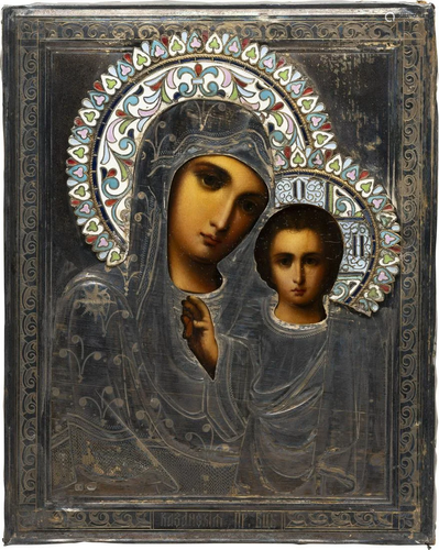 A SMALL ICON SHOWING THE KAZANSKAYA MOTHER OF GOD WITH