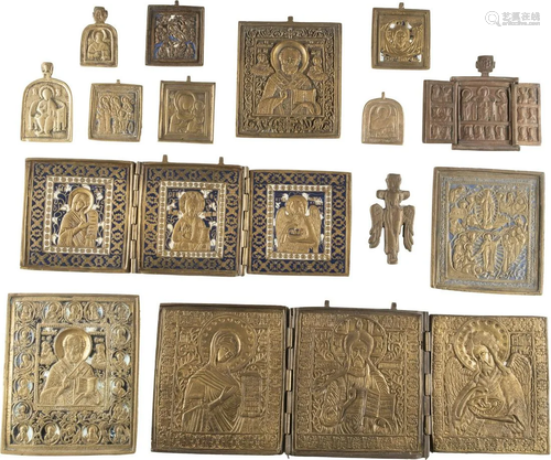 THREE TRIPTYCHS AND ELEVEN BRASS ICONS SHOWING SELECTED