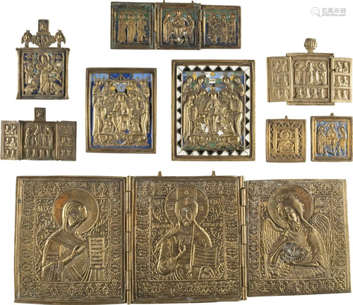 FOUR TRIPTYCHS AND FIVE BRASS ICONS SHOWING THE DEISIS