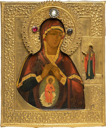 A RARE ICON SHOWING THE MOTHER OF GOD 'HELPER IN BIRTH'