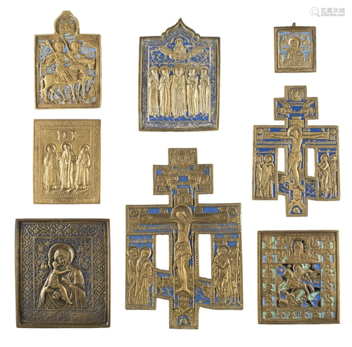 TWO CRUCIFIXES AND SIX BRASS ICONS SHOWING SELECTED