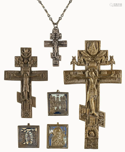 THREE CRUCIFIXES AND THREE BRASS ICONS