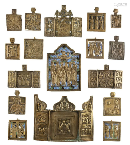 FOUR TRIPTYCHS AND THIRTEEN BRASS ICONS SHOWING