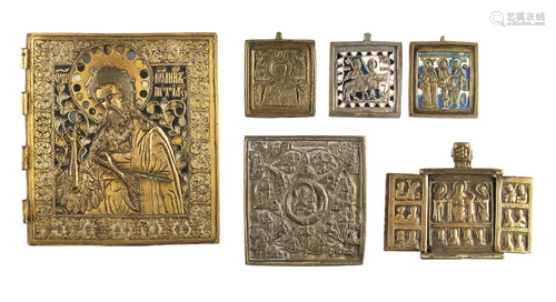 A TRIPTYCH AND FIVE BRASS ICONS AND FRAGMENTS SHOWING