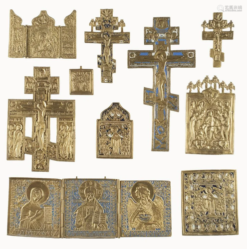 FOUR CRUCIFIXES, TWO TRIPTYCHS AND FOUR BRASS ICONS