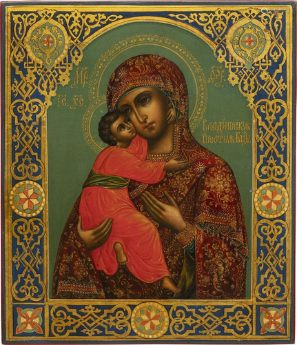 A SMALL ICON SHOWING THE VLADIMIRSKAYA MOTHER OF GOD