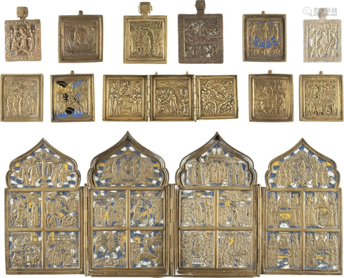 A QUADRIPTYCH, A TRIPTYCH AND TEN SMALL BRASS ICONS