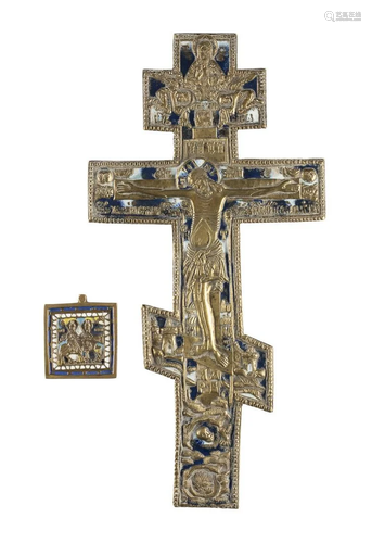 A LARGE CRUCIFIX AND A SMALL BRASS ICON SHOWING THE