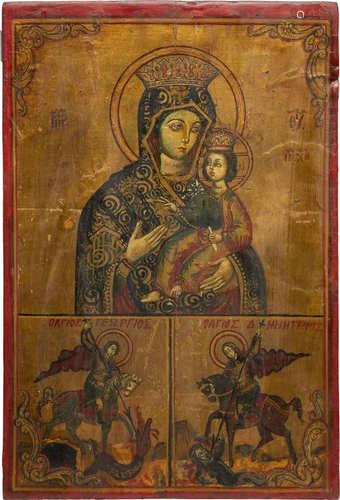 A TRI-PARTITE ICON SHOWING THE MOTHER OF GOD AND STS.