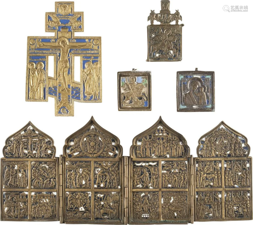 QUADRIPTYCH, CRUCIFIX AND THREE BRASS ICONS SHOWING