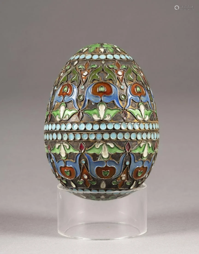 A SILVER AND CLOISONNÃ‰ ENAMEL EGG-SHAPED BOX