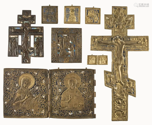 TWO CRUCIFIXES, A DIPTYCH AND FIVE BRASS ICONS SHOWING