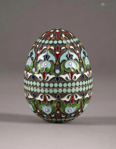 A SILVER AND CLOISONNÃ‰ ENAMEL EGG-SHAPED BOX