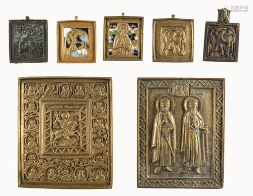 SEVEN BRASS ICONS SHOWING SELECTED SAINTS