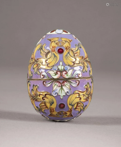 A SILVER AND CLOISONNÃ‰ ENAMEL EGG-SHAPED BOX WITH