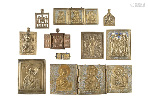 THREE TRIPTYCHS, A DIPTYCH AND SIX BRASS ICONS SHOWING