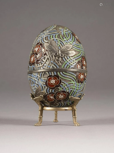 A LARGE EGG-SHAPED SILVER AND CLOISONNÃ‰ ENAMEL BOX